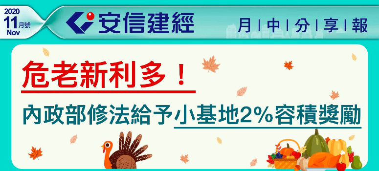 危老新利多！小基地2%容積獎勵、土建融利率驚見1.45％｜ 2020年11月份安信建經月中分享報